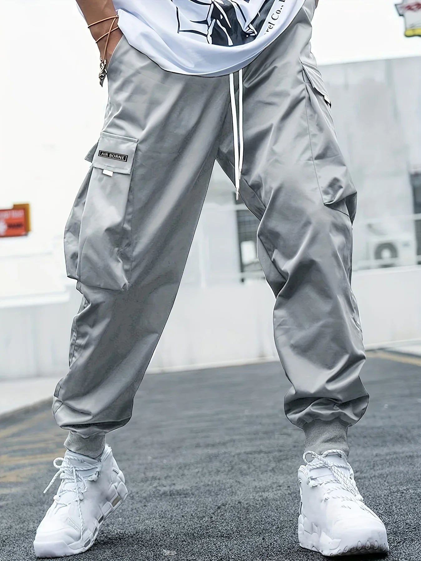 Plus Size Solid Color Spring Summer Men Casual Drawstring Cargo Pants Pockets Black Loose Out Door Elasticity Oversize Pants