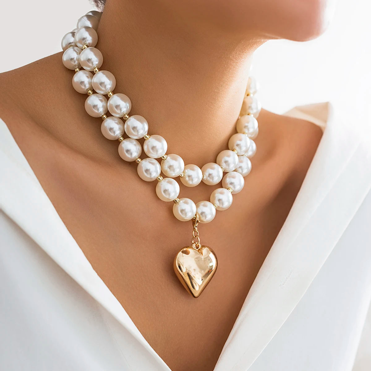 2Pcs Elegant Goth Imitation Pearl Beads Chain Necklace for Women Vintage Love Heart Pendant Choker Y2K Jewelry Wed Accessories