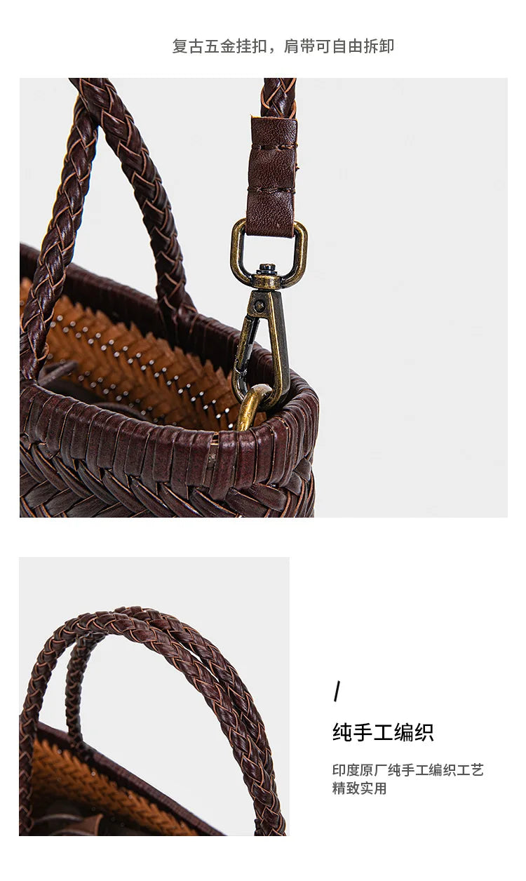 2026 spring new braid bag French basket bag Vintage Boho Gypsy Aztec Ibiza Genuine Leather Messenger Bag  female ins style