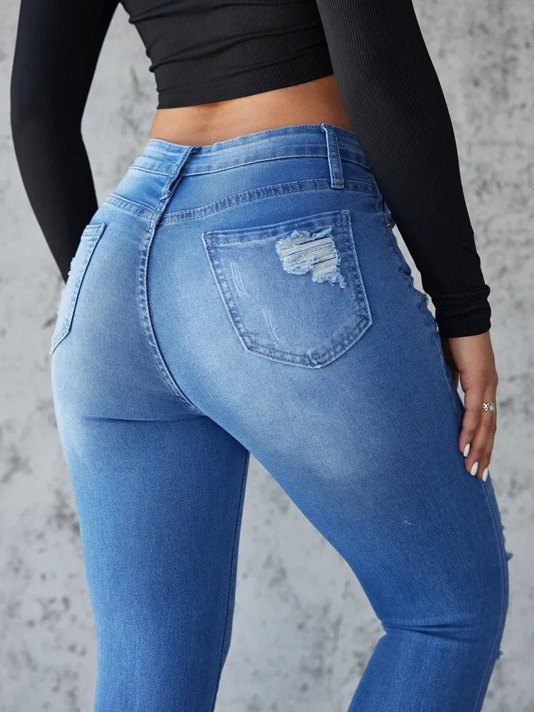 Women's Skinny Jeans Hole Design Spring Summer New Style Butt Lifting Long Trousers Comfortable Fit Denim Pants
