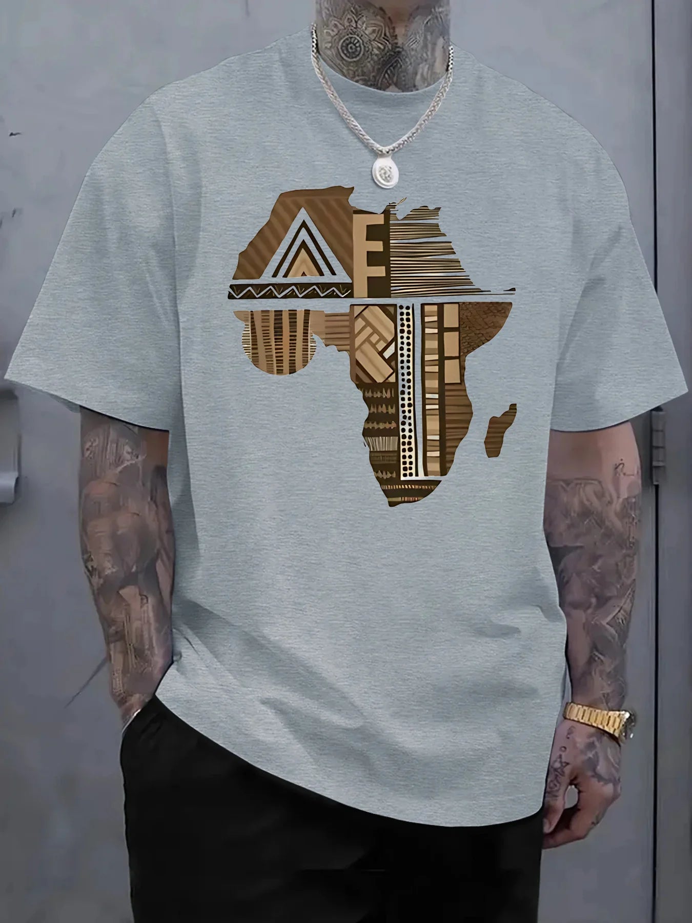 Men'S Plus Size White T-Shirt with Africa-Inspired Golden Print -  Comfort Fit Lightweight Breathable