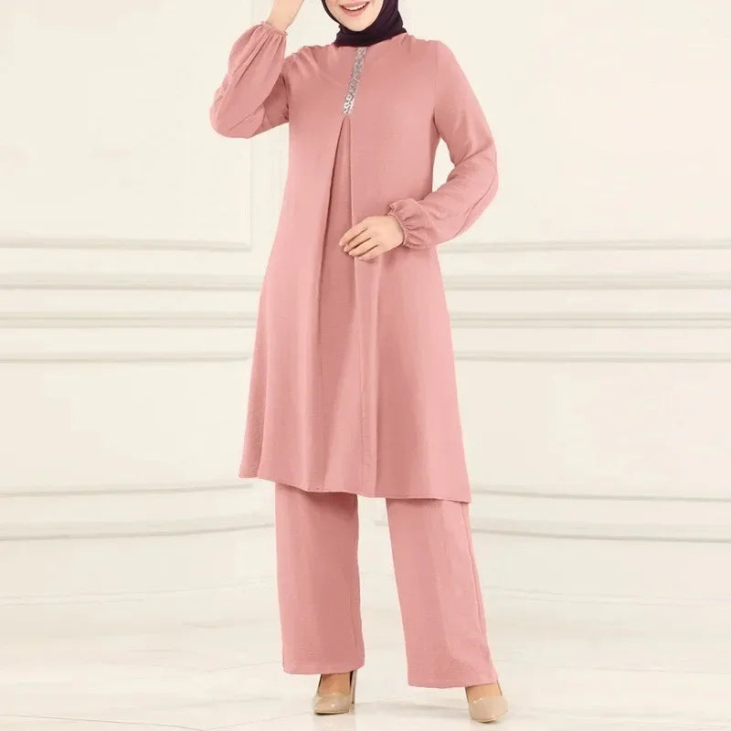 Islamic Fashion Clothing Suits for Women Spring Autumn Solid Color Elegant Abaya Long-sleeved Shirt Loose Wide-leg Pant Muslim
