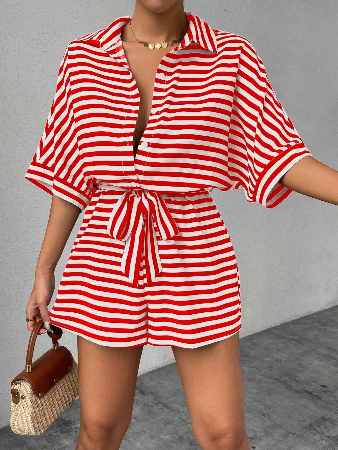 Summer New Set For Women's Casual Loose Comfortable Outfit Fashion Striped Batwing Sleeve Shirt Top+ Shorts 2-piece Sets Woman