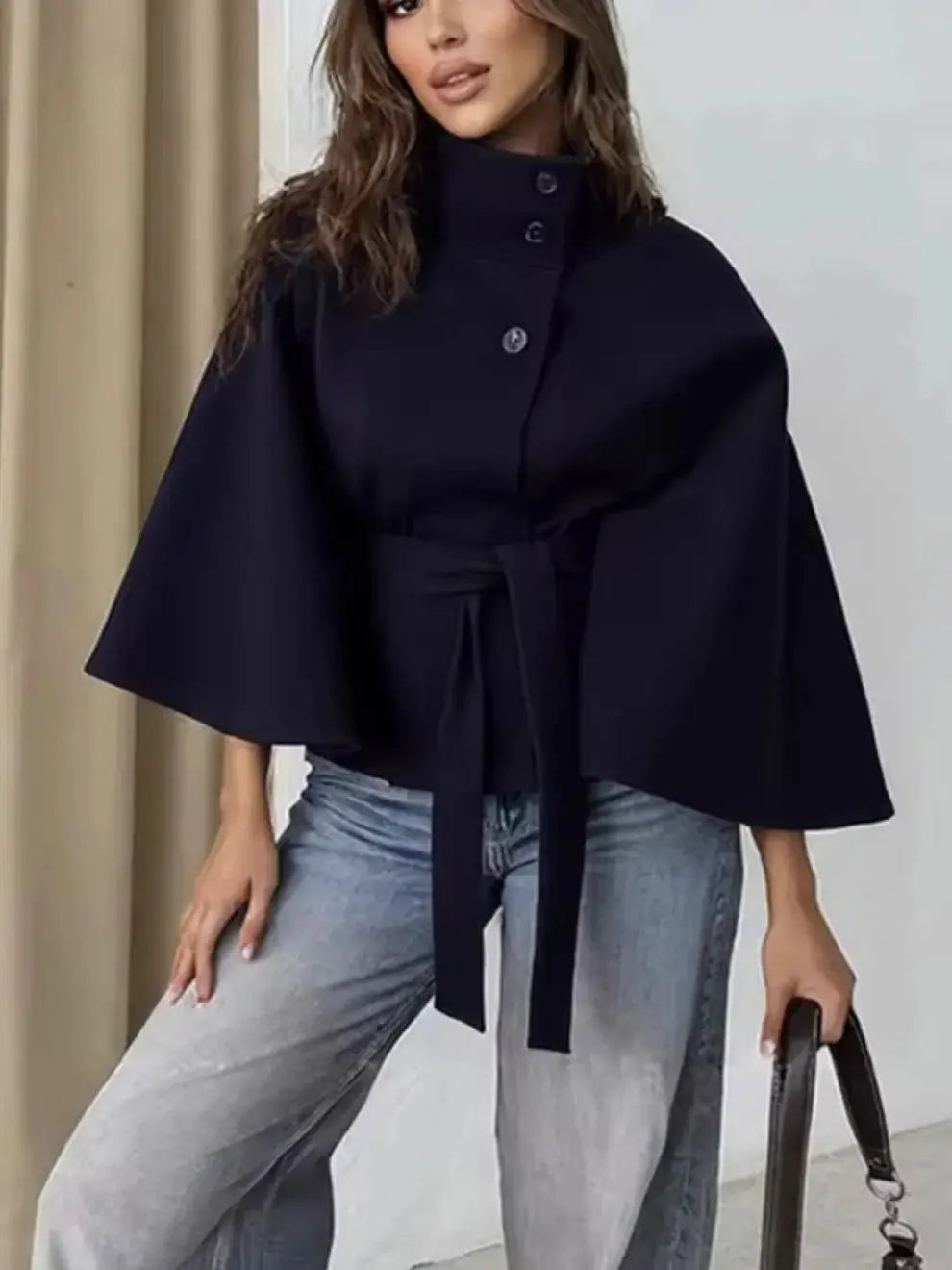 2026 New Lace Up High Neck Jackets For Women Belt Faux Wool Blends Cape Coats Autumn Winter Warm Elegant Cloak Coat Ladies