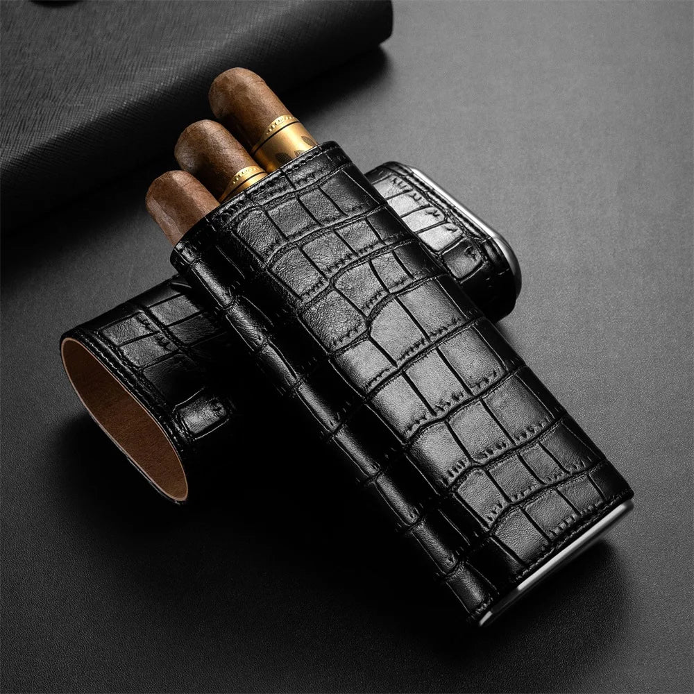 3-pack Cigar Case Luxury Portable Leather Holder Box Storage with Stainless Steel Sharp Cigar Cutter Smoking Accessories CH-24FA