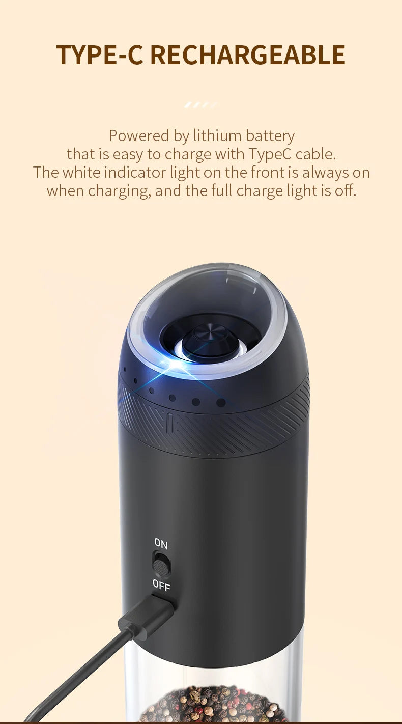 1/2PCS Electric Salt And Pepper Grinder with LED Light Gravity Sensing Adjustable Spice Mills Cordless Automatic Kitchen Gadget
