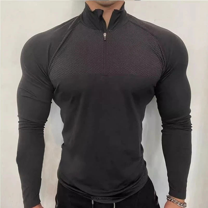 Men's Shark Quick-Dry Breathable Slim-Fit Half-Zip Training Top Long Sleeve Running T-Shirt Autumn Fitness Workout Baselayer