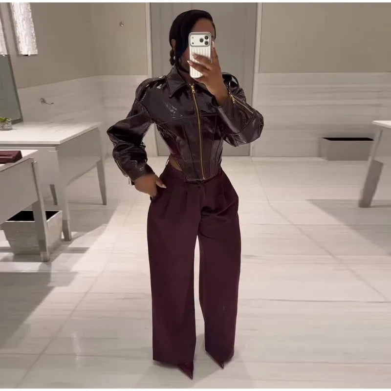 Fashion Lapel Leather Jacket Women's Full Sleeve Slim Solid Zippers Coat 2026 Spring New Lady Edgy Casual High Street Outerwear