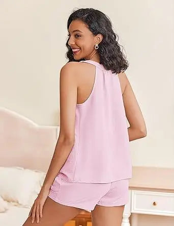 New Summer Women's 2-piece Set Pink V-neck Vest Elastic Pocket White Stylish Black Shorts Set
