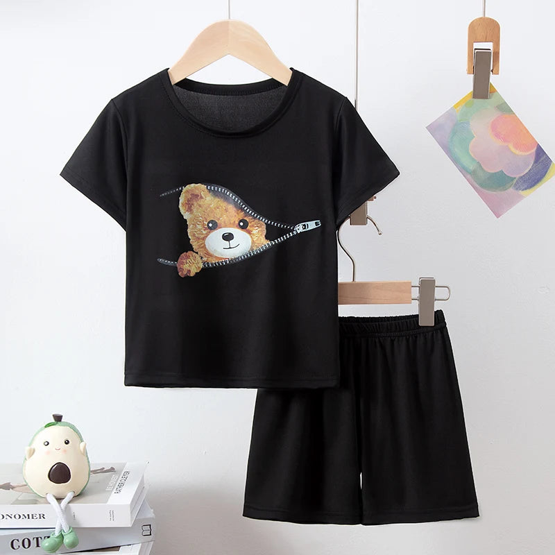 8/2 Pcs Children's Summer Cute Printing Suit Boy Casual Fashion Pocket Bear Short Sleeve Girl Sweet And Cute Joker Comfort Short