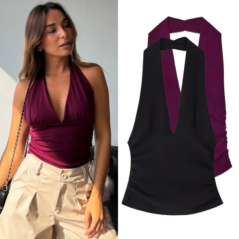 HXAO Halter Top Women Off Shoulder Deep V-Neck Crop Top y2k Sexy Backless Tank Top Street Style Casual Women's Summer Tops 2025