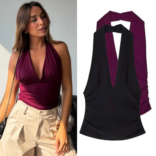 HXAO Halter Top Women Off Shoulder Deep V-Neck Crop Top y2k Sexy Backless Tank Top Street Style Casual Women's Summer Tops 2025