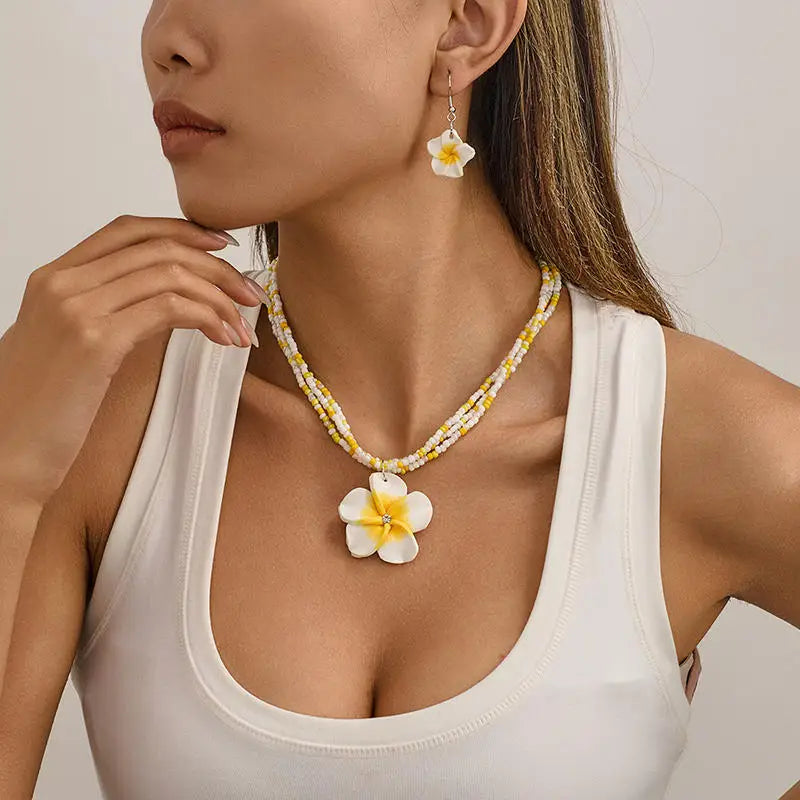 Egg Flower Earrings Necklaces Set Pendant Bohemia Flower Necklaces Earrings Drop Earrings Choker Vacation Style Jewelry Girl