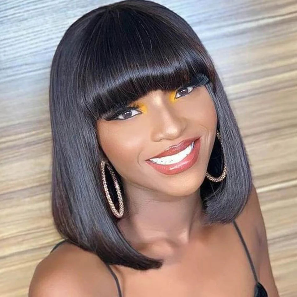 Brazilian Short Straight Hair Bob Wigs Non Lace Glueless Bob Wig Human Hair Wig With Bangs Remy Full Machine Made Wig for Women