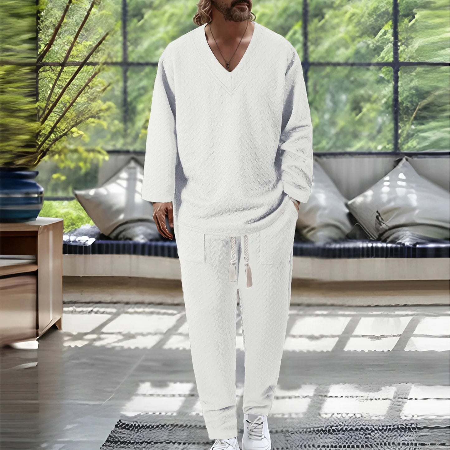 European American Autumn Casual Men's Textured Texture Solid Color V-neck Pullover Short Sleeve Drawstring Pocket Trousers Set