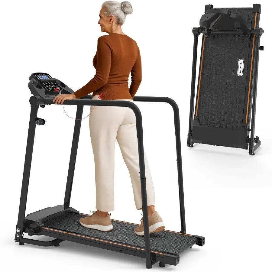 Foldable Walking Treadmill for Seniors with Long Handrails and Cup Holder 300 lbs Capacity Lightweight with Wheels Ideal for Ho