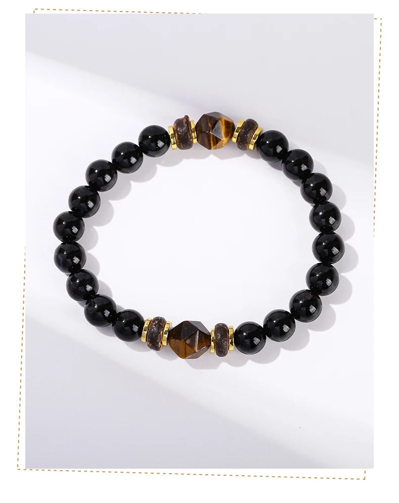 JD Natural Stone Black Agate Yellow Tiger Eye Faceted Bead Strand Bracelet Women Men Bohe Style Yoga Healing Energy Jewelry