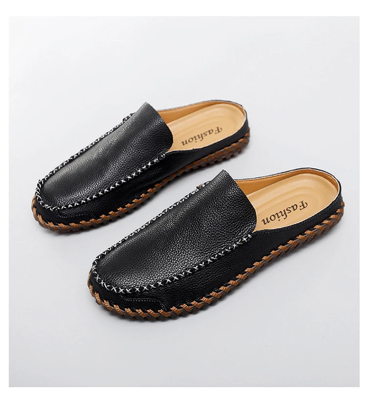 Plus Size 38-48 Handmade Mules Mens Backless Loafers Slippers Half Shoes For Men Slide Closed Toe Sandals Semi-Drag Casual Shoes