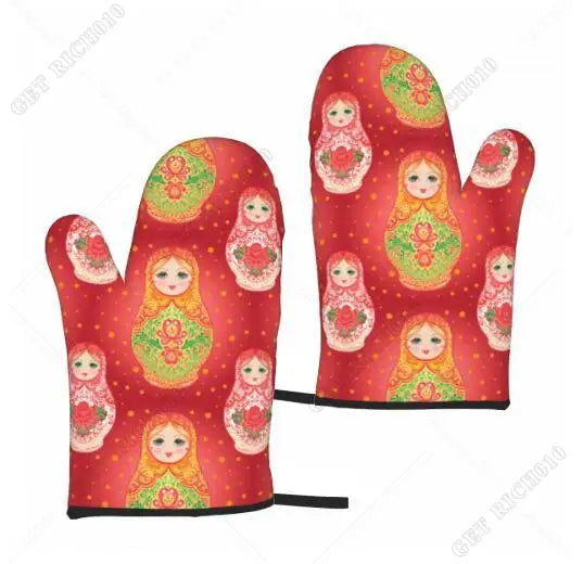 Fashion Print Russian Babushka Matryoshka Doll Set of 2 Kitchen Gloves Women Men Oven Gloves Heat Resistant for BBQ Cooking