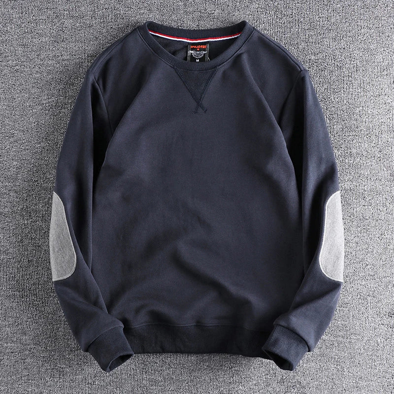 Spring New American Retro Sleeve Patch Solid Color Sweatshirt Men's Simple 100% Cotton Washed Pullover Loose Casual Sportwear