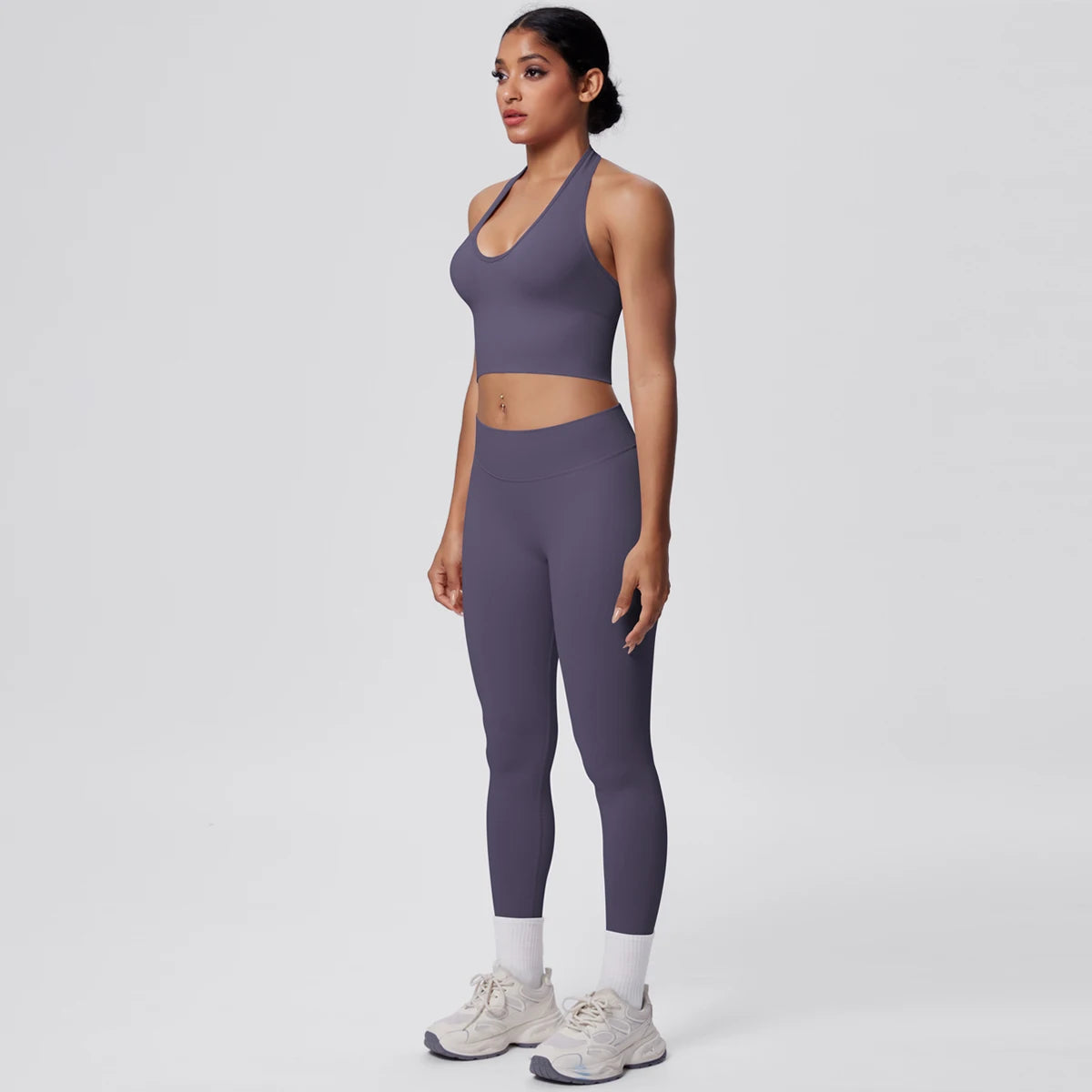 Solid Color Backless Breathable 2pieces Set for Woman High Strength Training Yoga Set Hanging Neck Bra Gym Push Up Fitness Pants