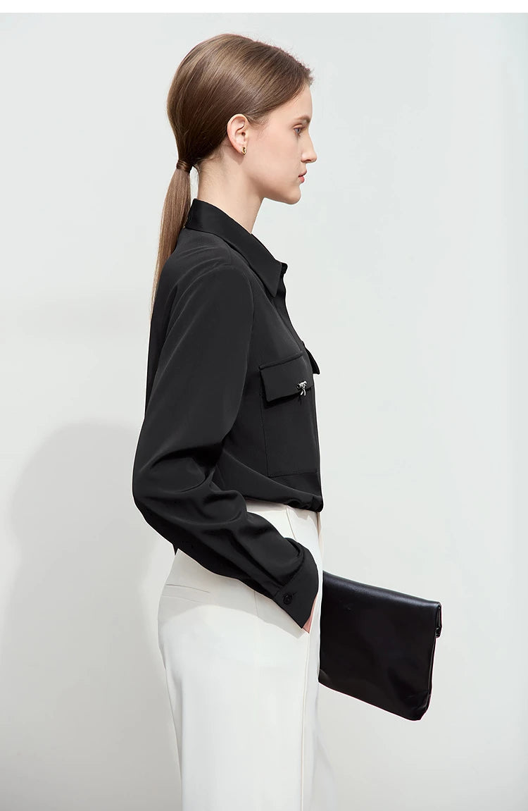 AMII Minimalist Chiffon Shirt Women 2025 Spring New Temperament Gentle Lapel Bamboo Work Pocket Concealed Button Tops 12521032