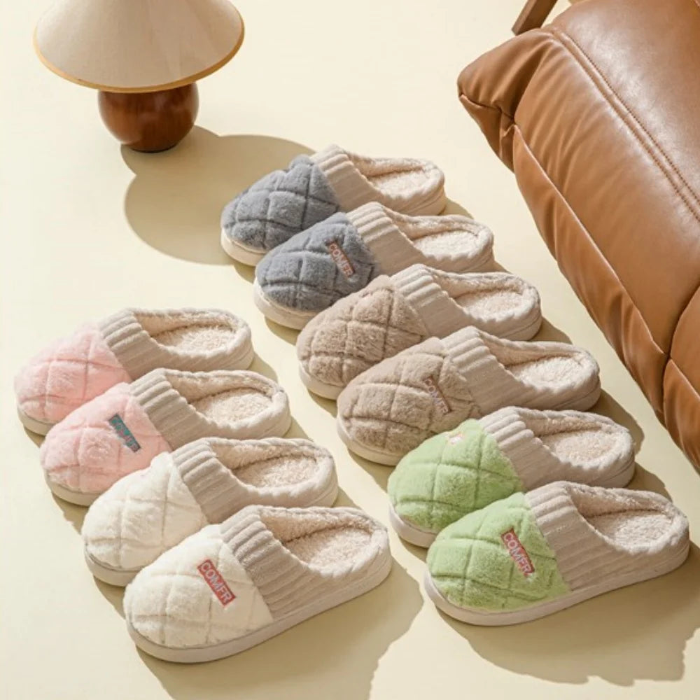 Home Couple Slippers Autumn Winter Warm Anti-slip Indoor Plush Soft Shoes Comfortable Cotton Thicken Sleeping Slippers Woman Men