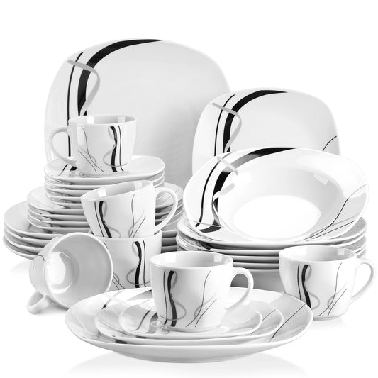 VEWEET FIONA 30/60 Piece Black Lines Porcelain Ceramic Tableware Set with Dessert Plates/Soup Plates/Dinner Plates/Cups/Saucers