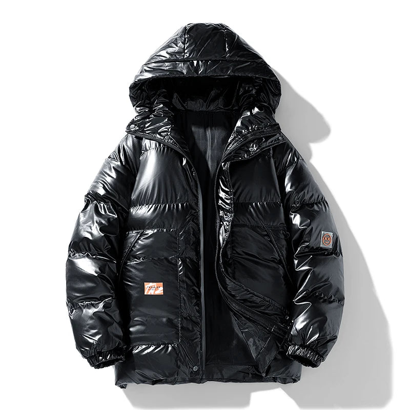 Men Parkas Thicken Warm Coat Men's Solid Color Parkas Coat Men's Fashion New Streetwear Winter Jacket Mens Glossy Black Jackets