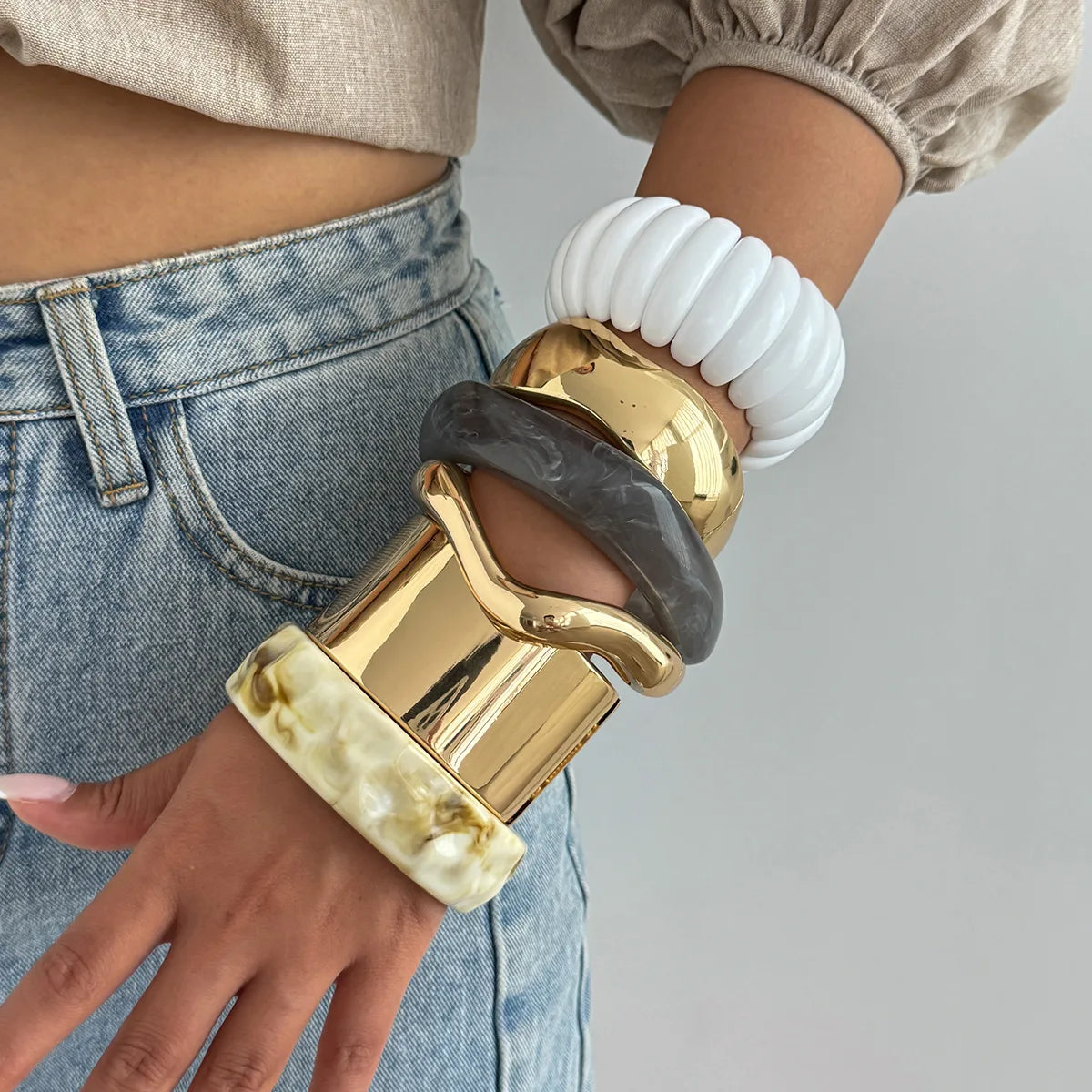 PuRui 6Style Exaggerated Irregular Chunky Acrylic Resin Wide Bracelet Trend Creative Stackable Spring Bangle Grunge Rock Jewelry
