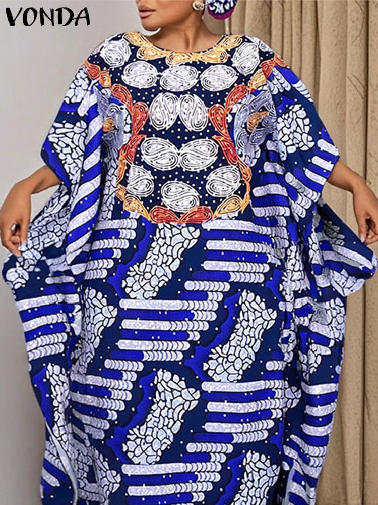 Plus Size 5XL VONDA Women Maxi Dress Bohemian Printed Long Vestidos Summer Half Bat Sleeve Casual Loose Robe Vintage Sundress