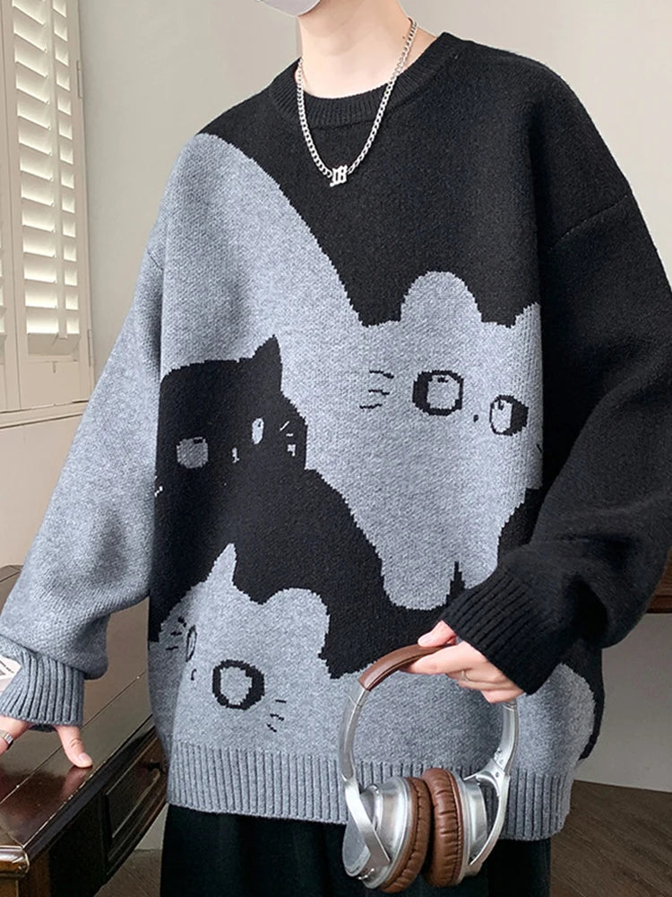 Winter Men's Anime Cat Jacquard Crewneck Knitted Sweaters Hip Hop Fashion Graphic Printed Y2K Jumpers Streetwear Knit Pullovers