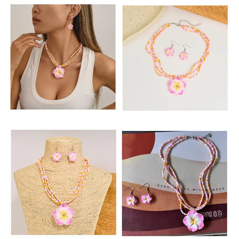 Egg Flower Earrings Necklaces Set Pendant Bohemia Flower Necklaces Earrings Drop Earrings Choker Vacation Style Jewelry Girl