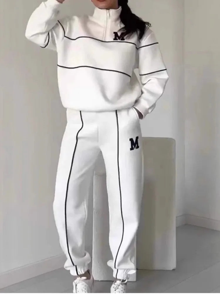 Autumn Winter Women's Fashion Letter Print Sweatshirt Set Casual Zipper Half Open Collar Long-sleeve + Sweatpants Two-piece Set