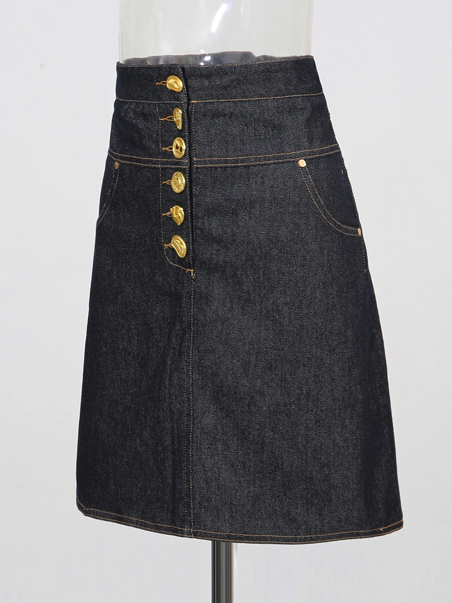 VGH Designer Solid Slimming Denim Skirts For Women High Waist Patchwork Button Spring Temperament Skirt Female Fashion Style New