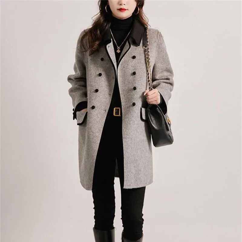 New High Quality Woolen Coat Female Autumn Winter Fashion Korean Slim Casual Versatile Style Contrast Color Wool Overcoat Women