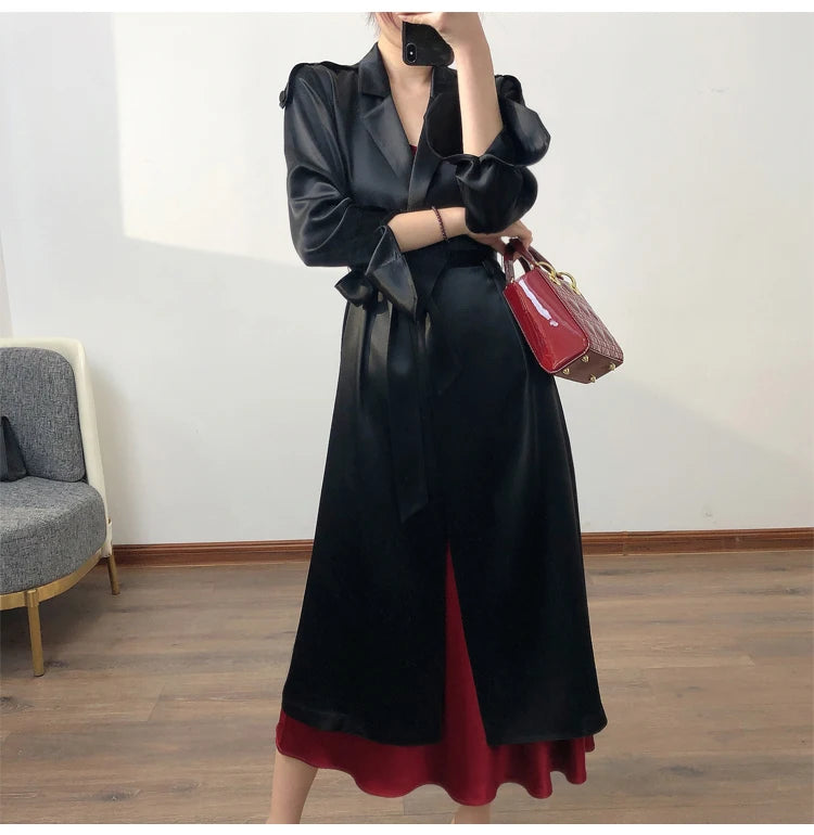 Lautaro Spring Autumn Long Soft Luxury Elegant Flowy Satin Acetate Trench Coat for Women High Quality Chic British Fashion 2022