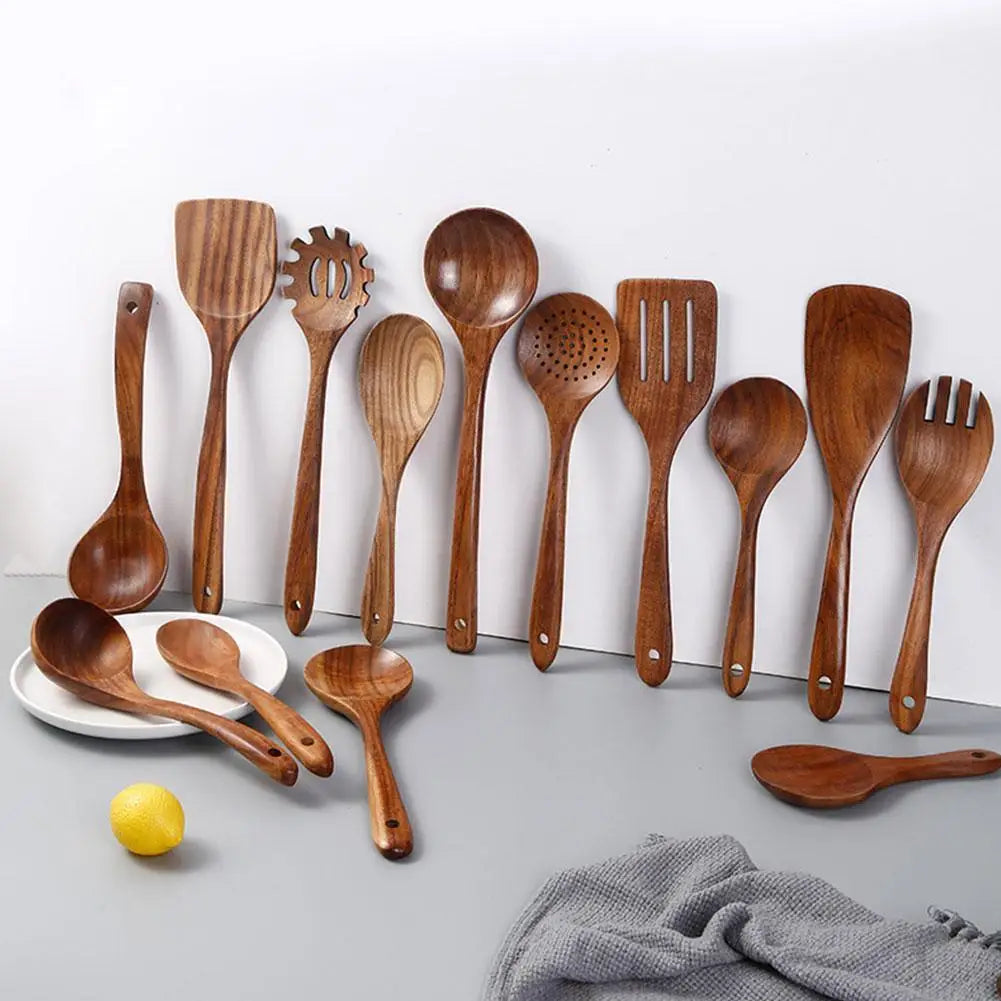 Wooden Spoons for Cooking, Acacia Wood Cooking Utensils Set Wooden Kitchen Tools Spoon Rest Nonstick Cookware Kit Safe
