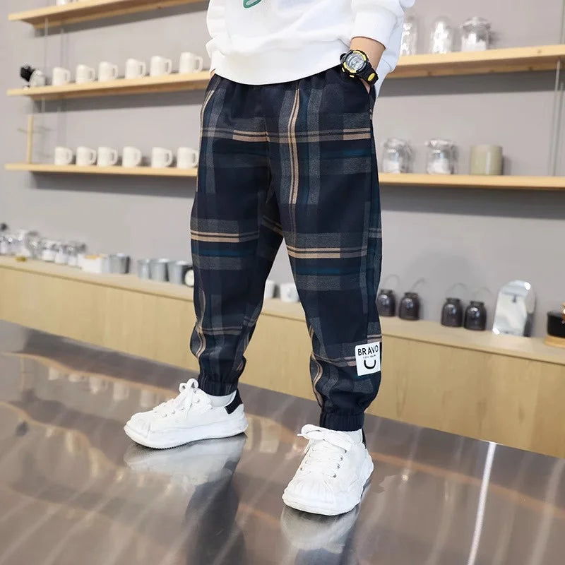 Boys Thick Plaid Pants Spring Autumn Girls Plus Velvet Warm Drawstring Kids Trend Trousers Fashion Teen Sport Casual Pants 4-12Y