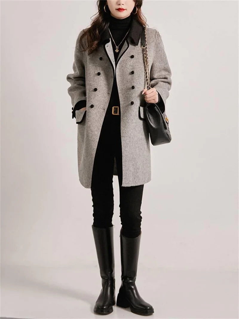 New High Quality Woolen Coat Female Autumn Winter Fashion Korean Slim Casual Versatile Style Contrast Color Wool Overcoat Women