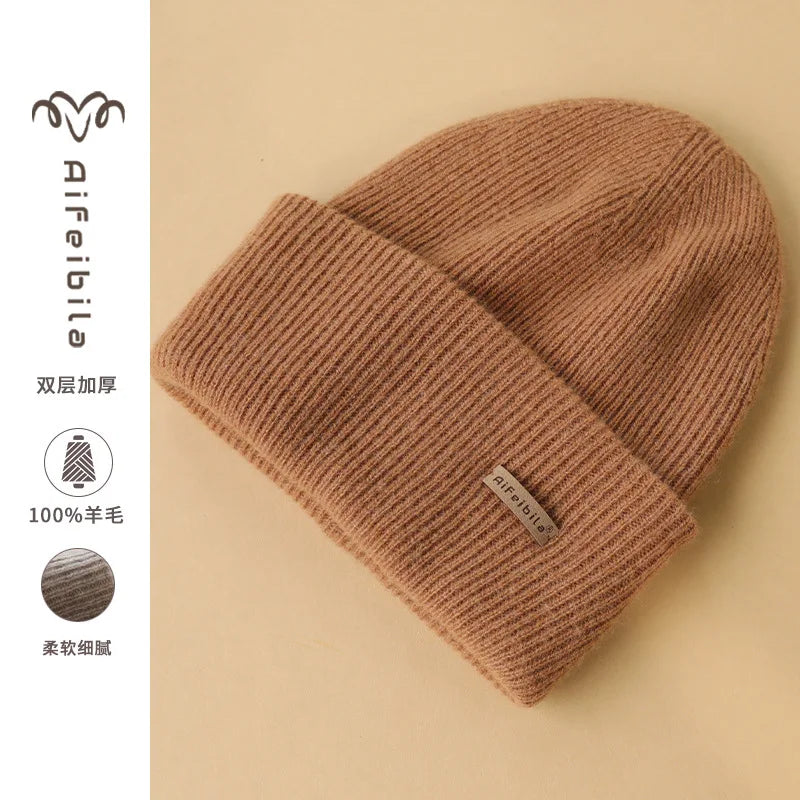 100% Merino Wool Double-Sided Beanie for Men Women Thick Soft Warm Winter Skull Caps Solid Color Knitted Beanies Hat