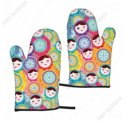 Fashion Print Russian Babushka Matryoshka Doll Set of 2 Kitchen Gloves Women Men Oven Gloves Heat Resistant for BBQ Cooking