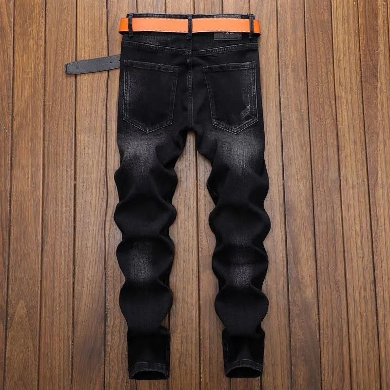 2024 Spring and Autumn New Fashion Trend Retro Ripped Small Foot Pants Men's Casual Slim Breathable Elastic High-Quality Jeans