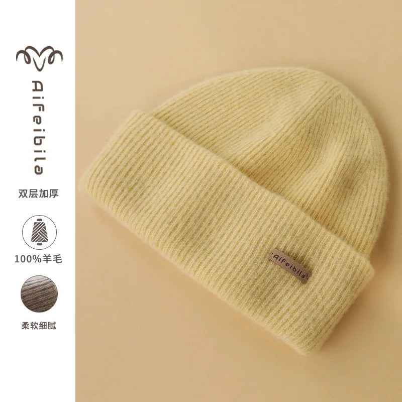 100% Merino Wool Double-Sided Beanie for Men Women Thick Soft Warm Winter Skull Caps Solid Color Knitted Beanies Hat
