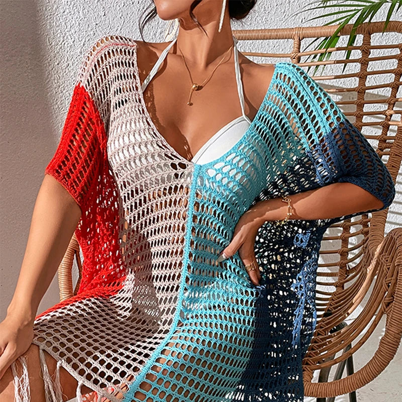 Knitted Contrast Tassel Bikini Summer Beach Cover Up Sexy Hollow Out Women V Neck Loose Beachwear Sunscreen Smock