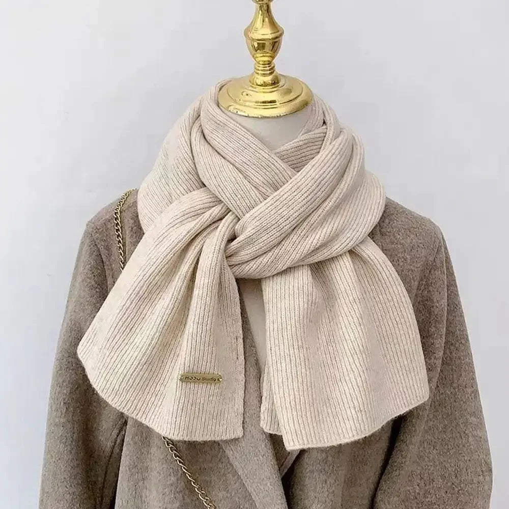 New Korean Style Thick Warm Metal Logo Long Scarf Winter Knitted Solid Color Womens Scarf