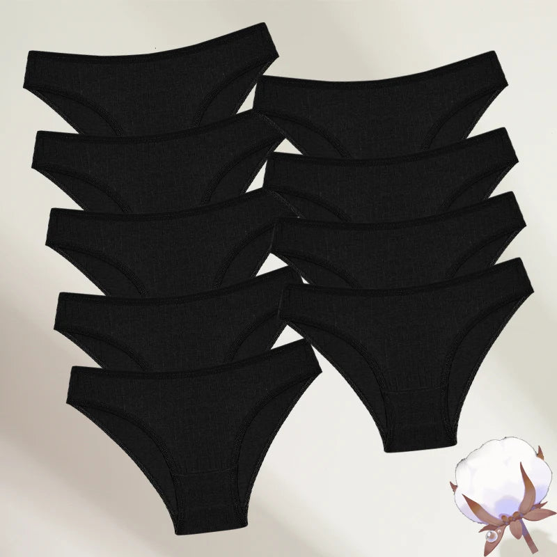 FINETOO 9PCS/SET Cotton Striped Underwear Women's Panties Sexy Soft Solid Color Briefs Female Comfortable Stretch Lingerie M-XL
