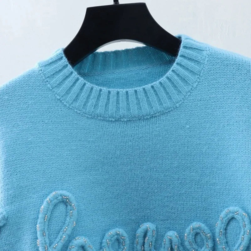 Autumn New Pullover Sweater Women Design Sense Letter Knitted Beaded Round Neck Short Simple Female Knitted Top