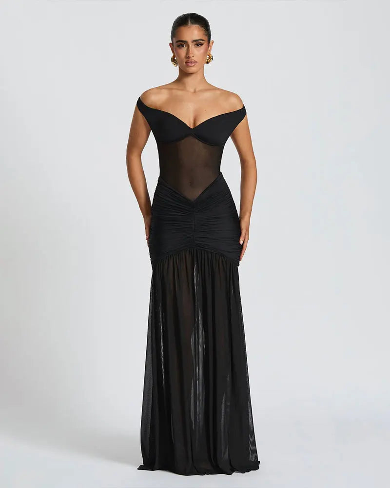 GACVGA Mesh Patchwork Sexy Bodycon Maxi Dress Women Draped Gown Summer Halter Backless Ruched High Split Club Party Long Dress