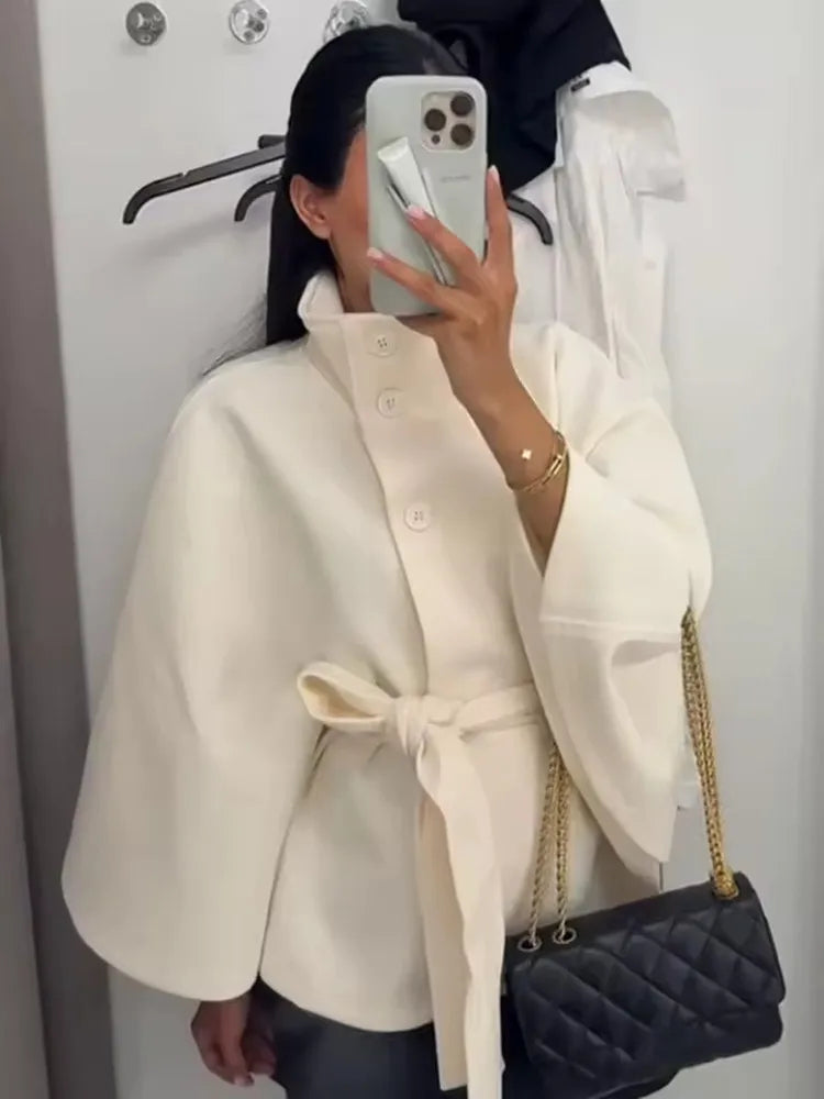 2026 New Lace Up High Neck Jackets For Women Belt Faux Wool Blends Cape Coats Autumn Winter Warm Elegant Cloak Coat Ladies